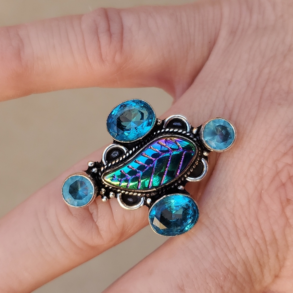 New Carved Rainbow Hematite & Blue Topaz 925 Silver Ring.